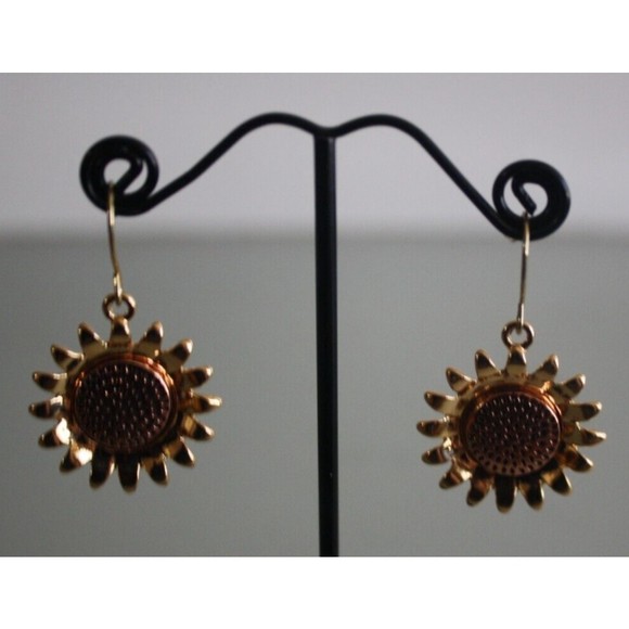 Sunflower Earrings Enamel & Gold Plated Hypoallergenic Boho Dangle Drop - Picture 4 of 4